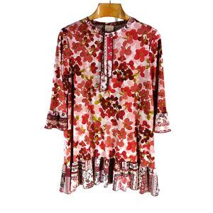 Zadie B's Mendi Floral Print Boho Tunic Top Size XL Contrast Ruffle Modest USA